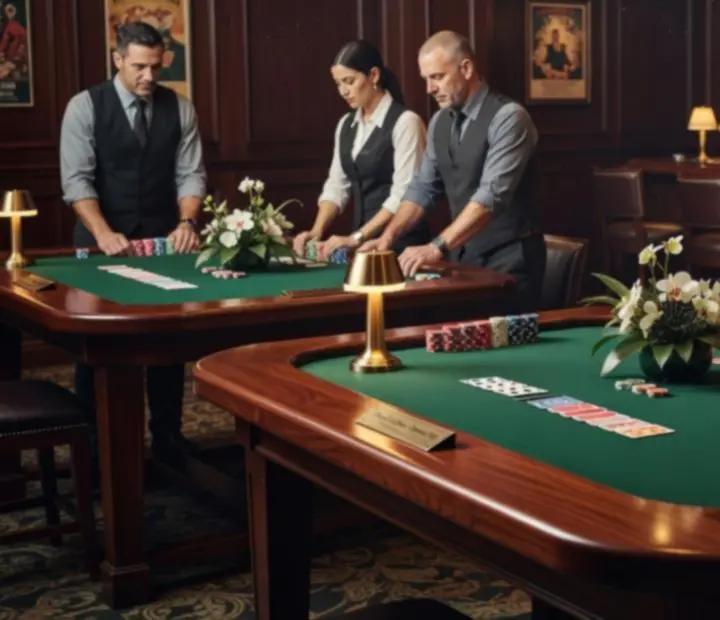 Préparation d'une soirée de poker privée avec tables dressées et disposition des cartes