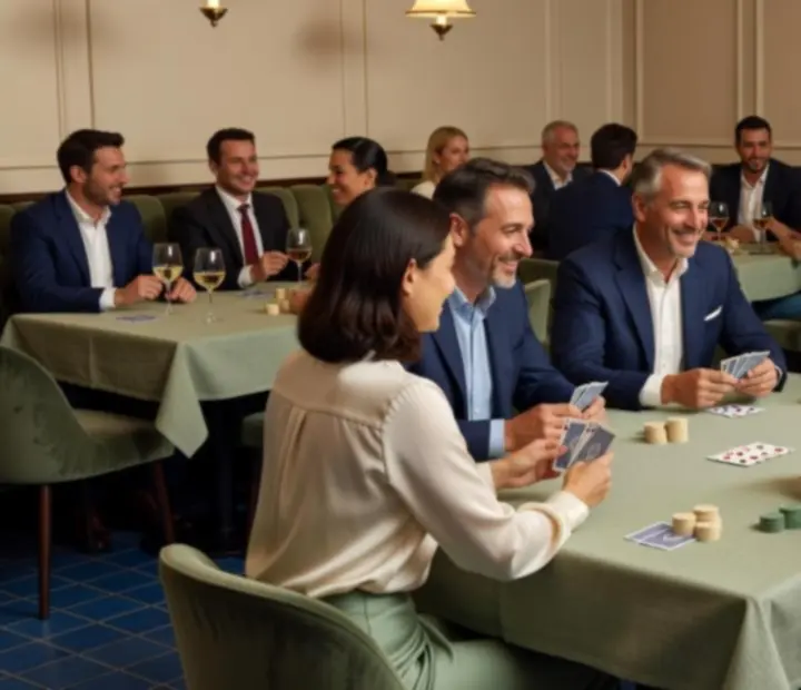 Ambiance d'un lounge de cartes en restaurant avec invités autour des tables