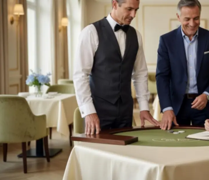 Équipe Elmon Tique composée d'hôtes de poker et de responsables de restaurant dans un card lounge en France.
