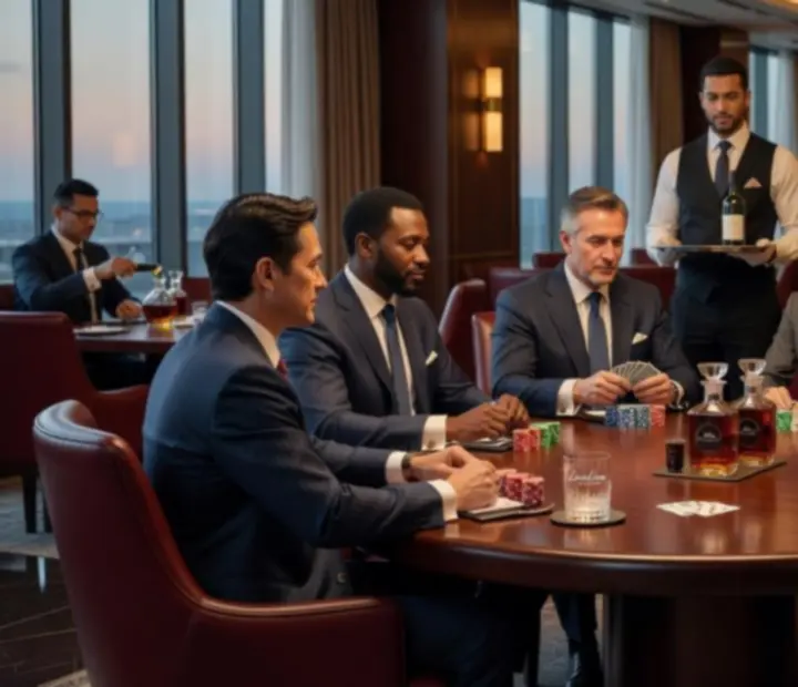 Équipe d'entreprise réunie autour de tables de poker dans un restaurant lumineux