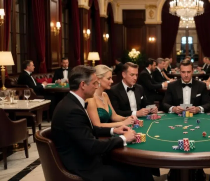 Tables de poker dressées pour un gala dans un restaurant avec lumière chaleureuse