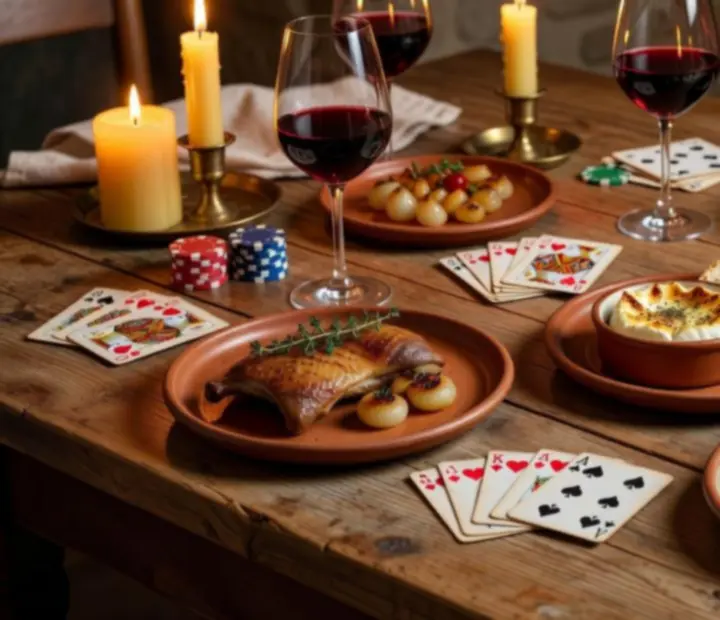 Assiettes gastronomiques et verres de vin disposés près d’une table de poker.