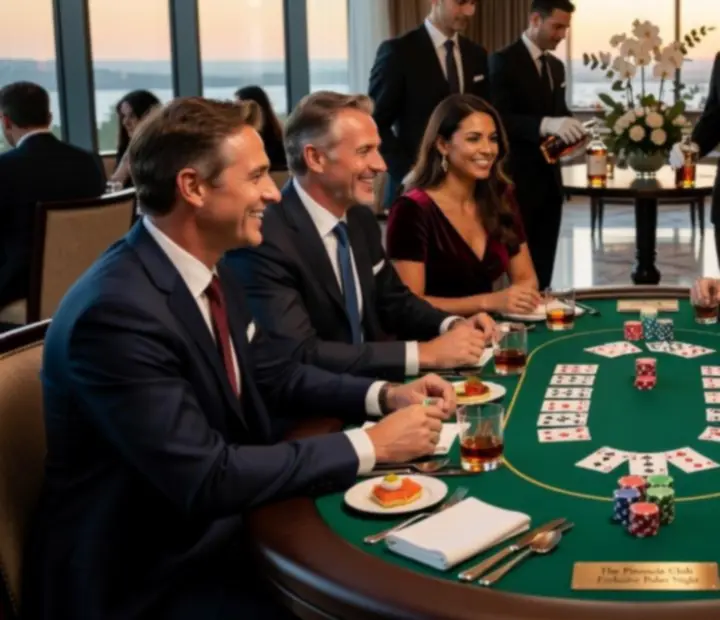 Invités souriants autour d'une table de poker dans un restaurant pendant une soirée