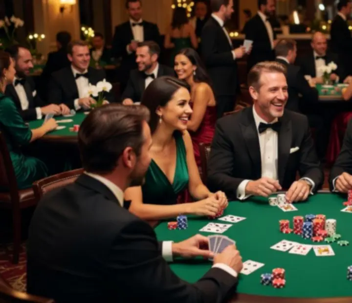 Gala poker offline dans un restaurant, invités autour de plusieurs tables de cartes