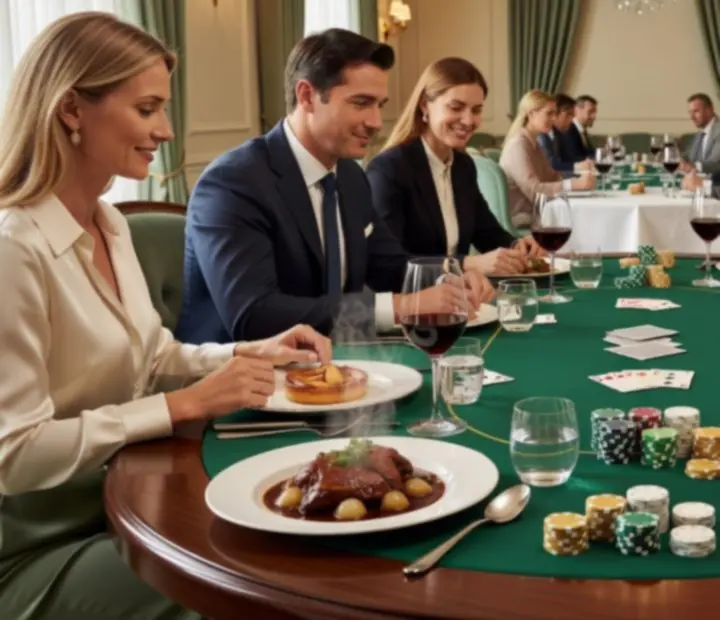 Assiettes gastronomiques et verres de vin alignés près d'une table de poker dans un restaurant français.