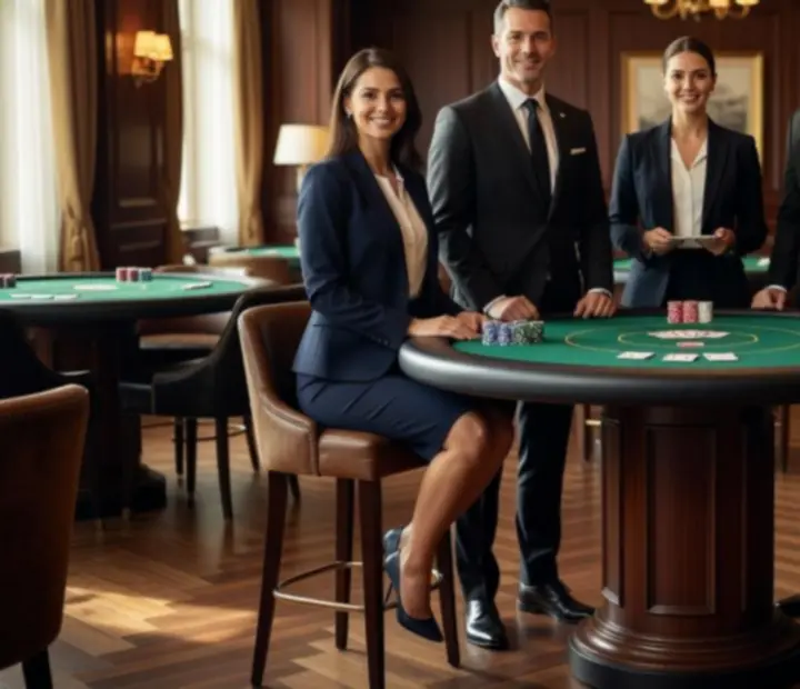 Équipe de hosts et croupiers poker en tenue élégante dans un lounge de restaurant