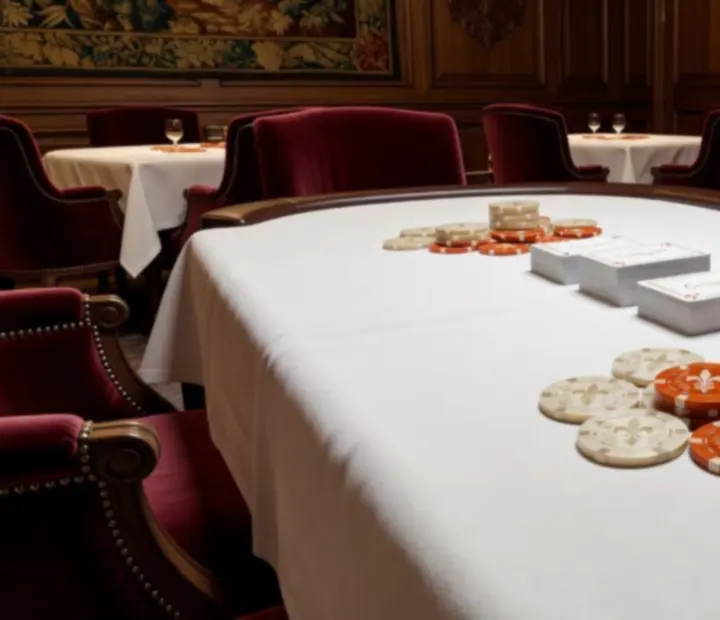 Détail d’une table de poker professionnelle dressée dans un restaurant français.