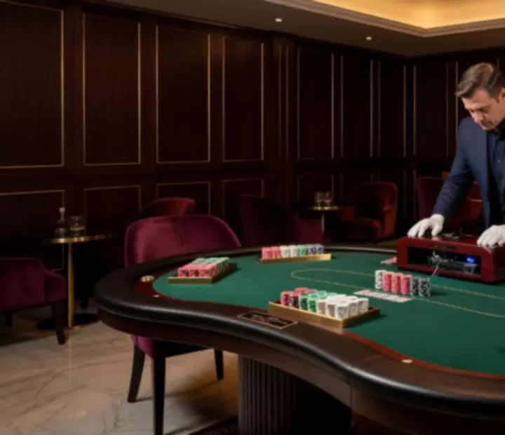 Installation de table de poker professionnelle avec jetons décoratifs et lumières douces