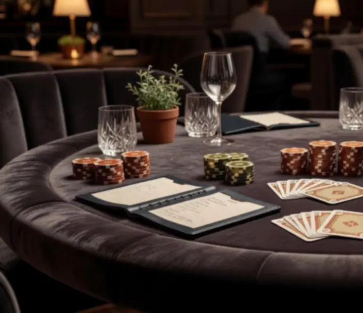 Table de poker professionnelle élégamment dressée avec accents champagne