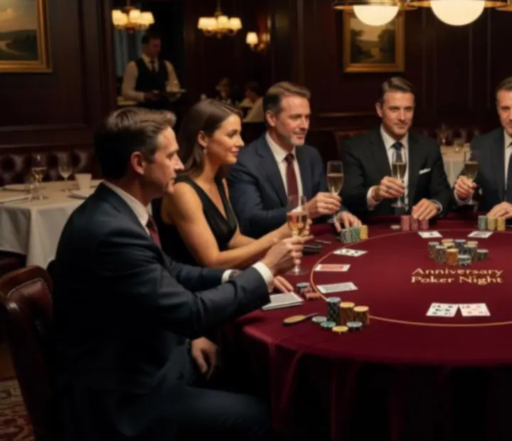 Salle de restaurant privatisée avec table de poker entourée d'invités pour une célébration