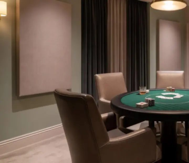 Lounge privé avec tables de poker, éclairage tamisé et séparation acoustique.