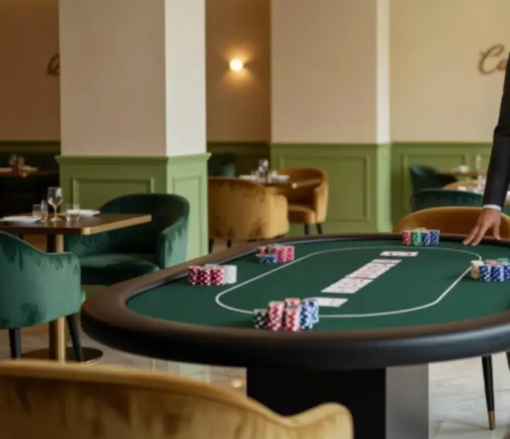 Hôte de poker professionnel accueillant des invités dans un card lounge en restaurant en France