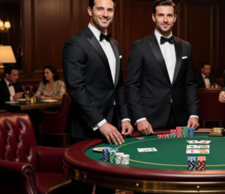 Hôtes et hôtesses professionnels encadrant une table de poker dans un restaurant