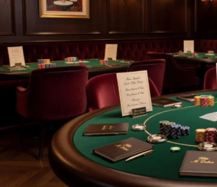 Kit de soirée poker installé dans un restaurant avec tables dressées, feutres et signalétique réservée.