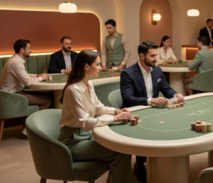 Salon de cartes privé dans un restaurant élégant en France, préparé pour une soirée poker offline.