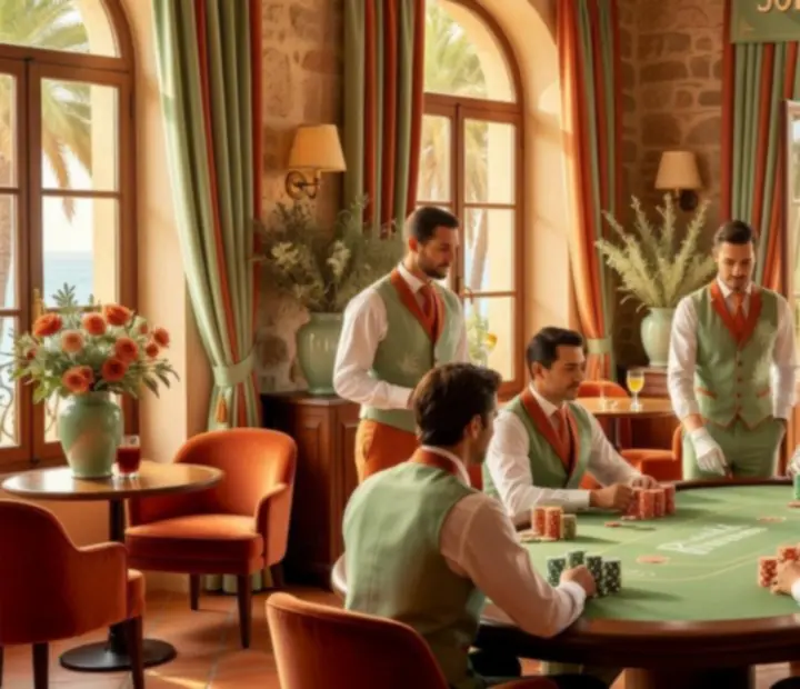 Soirée poker à thème Riviera avec décor pastel et cartes sur tables de restaurant